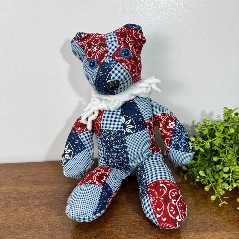 Vintage Handmade Quilted Patchwork Stuffed Bear Bandana 14" Red Blue